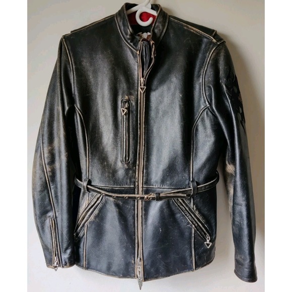 Harley Davidson Women's Heavyweight Leather Jacket Distressed Belted Size Medium